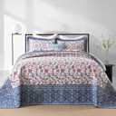 Oversized Queen Bedspreads 102"x120" - 100% Cotton Super King Quilt, Vintage Floral Pattern, Extra Large Lightweight Reversible Quilted Bedspread Coverlet, 3 Pcs, Blue/Red