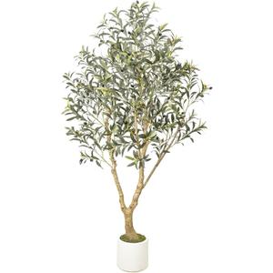 6FT Artificial Olive Tree with Elegant Planter & Moss, Faux Olive Tree Indoor with Natural Wood Trunk & Lifelike Leaves, Tall Fake Plant for Living Room Home Office Decor  Housewarming Gift