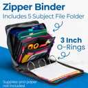 Case-it Mighty Zip Tab School Zipper Binder | 3-Inch O-Rings, 600-Sheet Capacity, 5-Subject Expanding File Folder, Multiple Pockets & Storage Organizer, Shoulder Strap | D-146 Jet Black