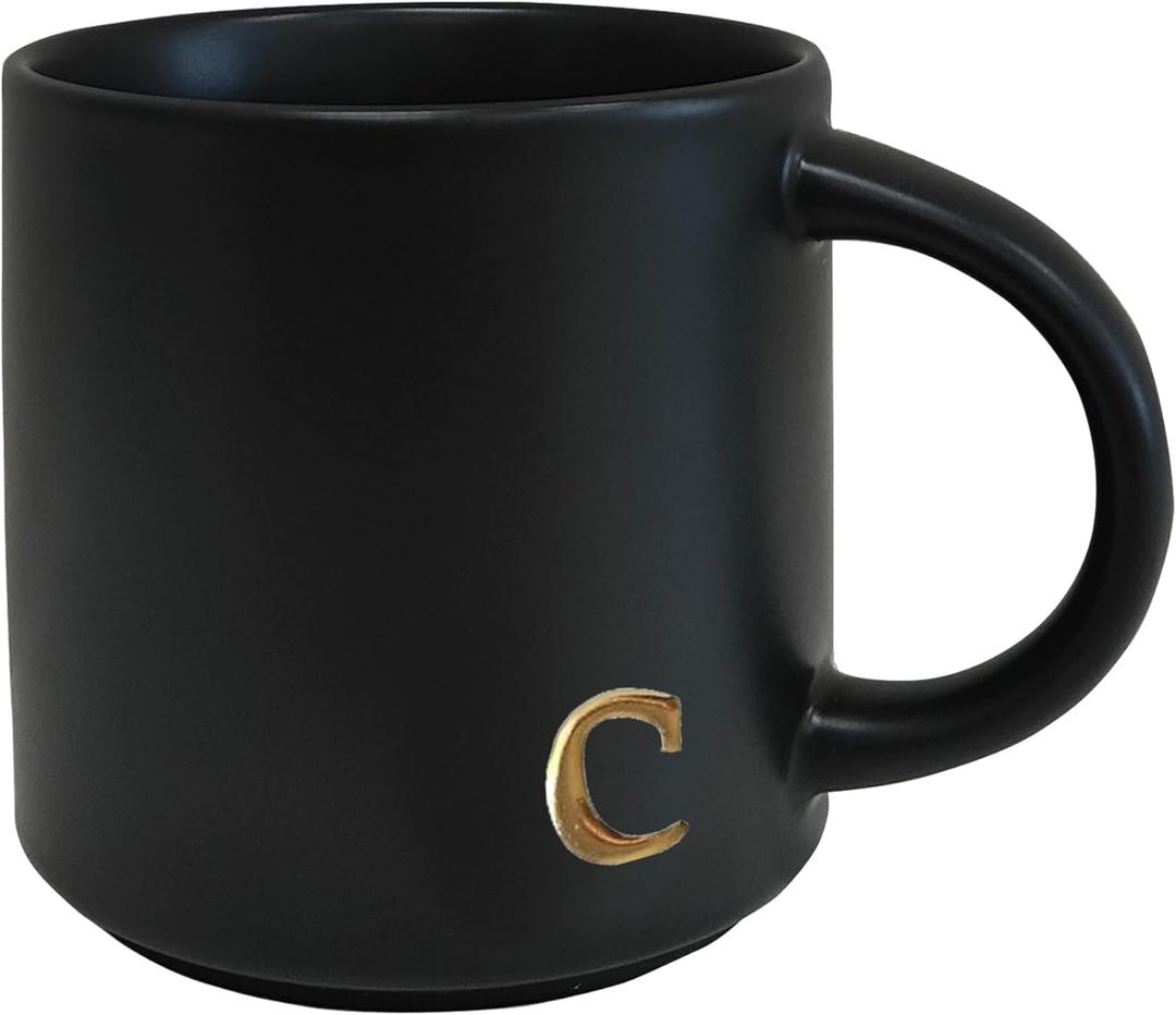 COLLECTIVE HOME - Black Monogram Ceramic Mugs, 15 oz Golden Initial Coffee Cups, Elegant Alphabet Tea Mugs, Personalized Halloween Mug with Gift Box, Perfect for Office and Home Dcor (c)
