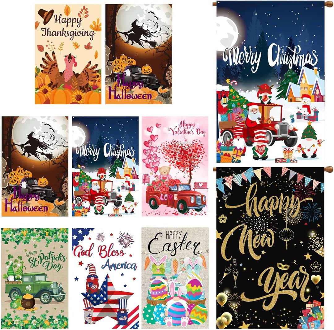 Moukeren 8 Pack Seasonal Garden Flags 28 x 40 Inch Double Sided, Easter Holiday Yard Flags for Outside, Large Polyester Holiday Garden Decorations for St. Patrick's Day July 4th Holidays(Classic)