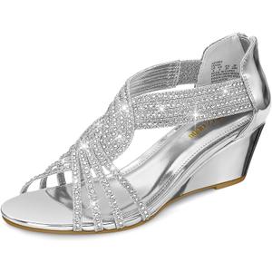PIZZ ANNU Women's Diana Low Wedge Sandals Sparkly Rhinestone Open Toe Fashion Dress Shoes for Woman Lady in Bridal Dance Evening, Silver Patent 7