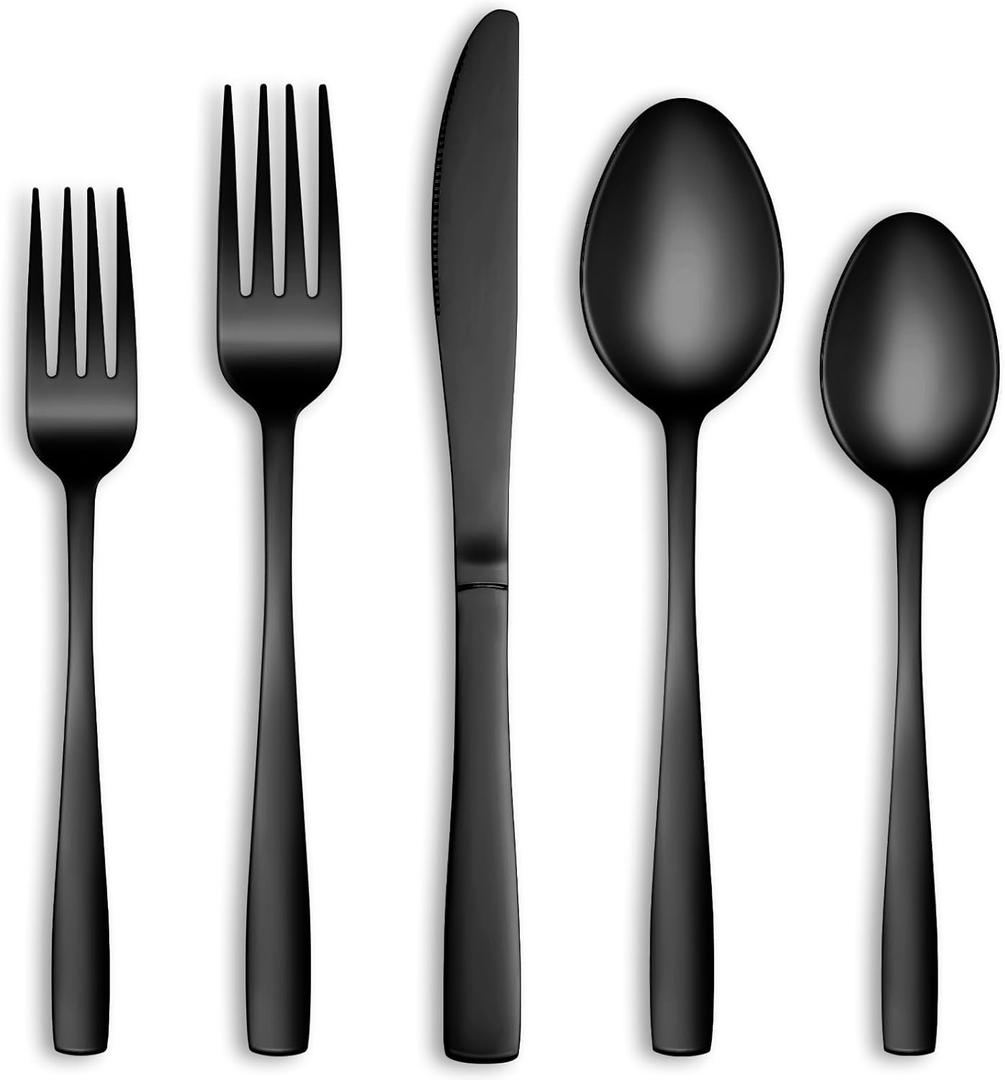 30 Pcs Black Silverware Set, Stainless Steel Flatware Set Service for 6, Mirror Polished Cutlery Utensil Set, Durable Home Kitchen Eating Tableware Set, Include Fork Knife Spoon Set, Dishwasher Safe (Square-30 Pieces)