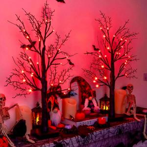 Halloween Decorations Indoor 2 Pack 24 Inch Black Halloween Tree with 24 Orange Red Lights, Timer/USB/Battery Operated Tabletop Lighted Spooky Tree for Halloween Table Decor Home Indoor Office