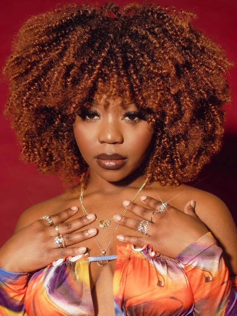 Curly Wig Afro Curly Wigs for Black Women Afro Kinky Curly Wig With Bangs Full and Fluffy Glueless Wig Synthetic Hair Replacement Wigs for Cosplay and Daily (14 Inch, Ombre Brown)