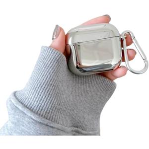 Earphone Case for AirPods 4, Cool Plated Silver Case Soft TPU Silicone Case, Solid Color Silver AirPods 4 Cover Protective Case Skin Shockproof Protector for Earbuds +Carabiner-Glossy Surface