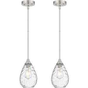 Brushed Nickel Pendant Lights Kitchen Island 2 Pack, Modern Glass Pendant Light Fixtures with Hammered Glass and Rods, Adjustable Small Hanging Light for Kitchen Sink Dining Room Bathroom