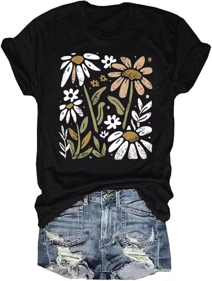 Vintage Floral T Shirt Women Boho Flowers Graphic Tees Shirts Cute Wildflowers Shirt Summer Casual Short Sleeve Tops (Black, M)