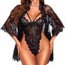RSLOVE Sexy Womens Lingerie Set - 2 Piece Lace Kimono Robe with Lace Teddy Lingerie Bodysuit Sexy (Medium, Black)