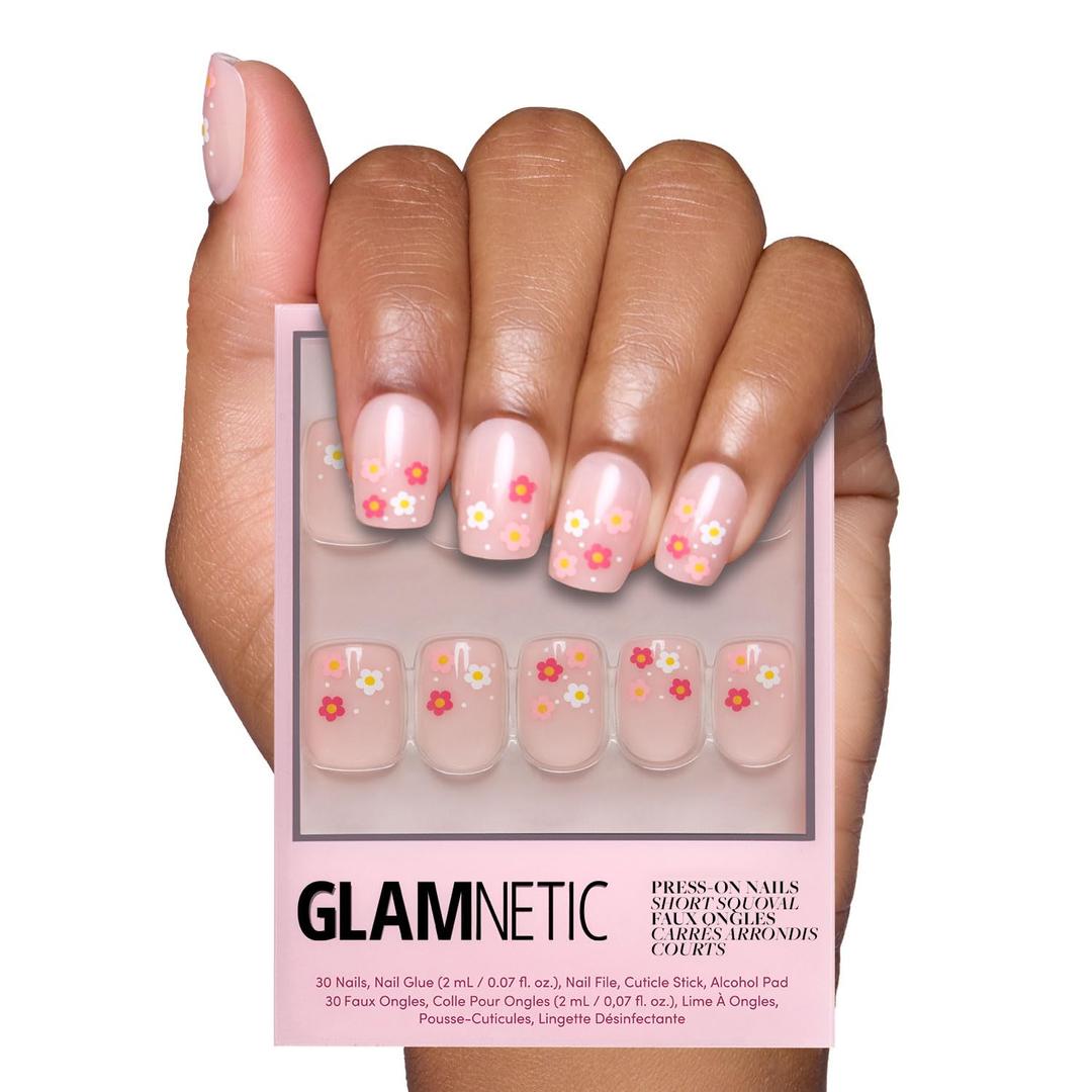 Glamnetic Press On Nails - Pretty Bloom | Short Squoval Nails with Flower Accents, Reusable Stick On Fake Nails with Glue | Love In Bloom Valentines Nails | 15 Sizes - 30 Nail Kit with Glue