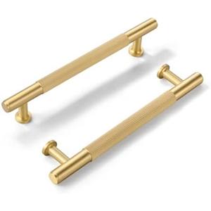 SALISENG-3 Pack Brushed Gold Cabinet Handles, Solid Brass Kitchen Drawer Pulls, 5 Inches Furniture Door Handles for Cupboard Bedroom Wardrobe(Arina)