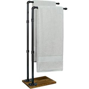 Hjarta 40 Inch Free Standing Towel Racks for Bathroom, Black Towel Holders with Wooden Base, 2-Tier Freestanding Towel Holder Stand for Bath Towel Sheet
