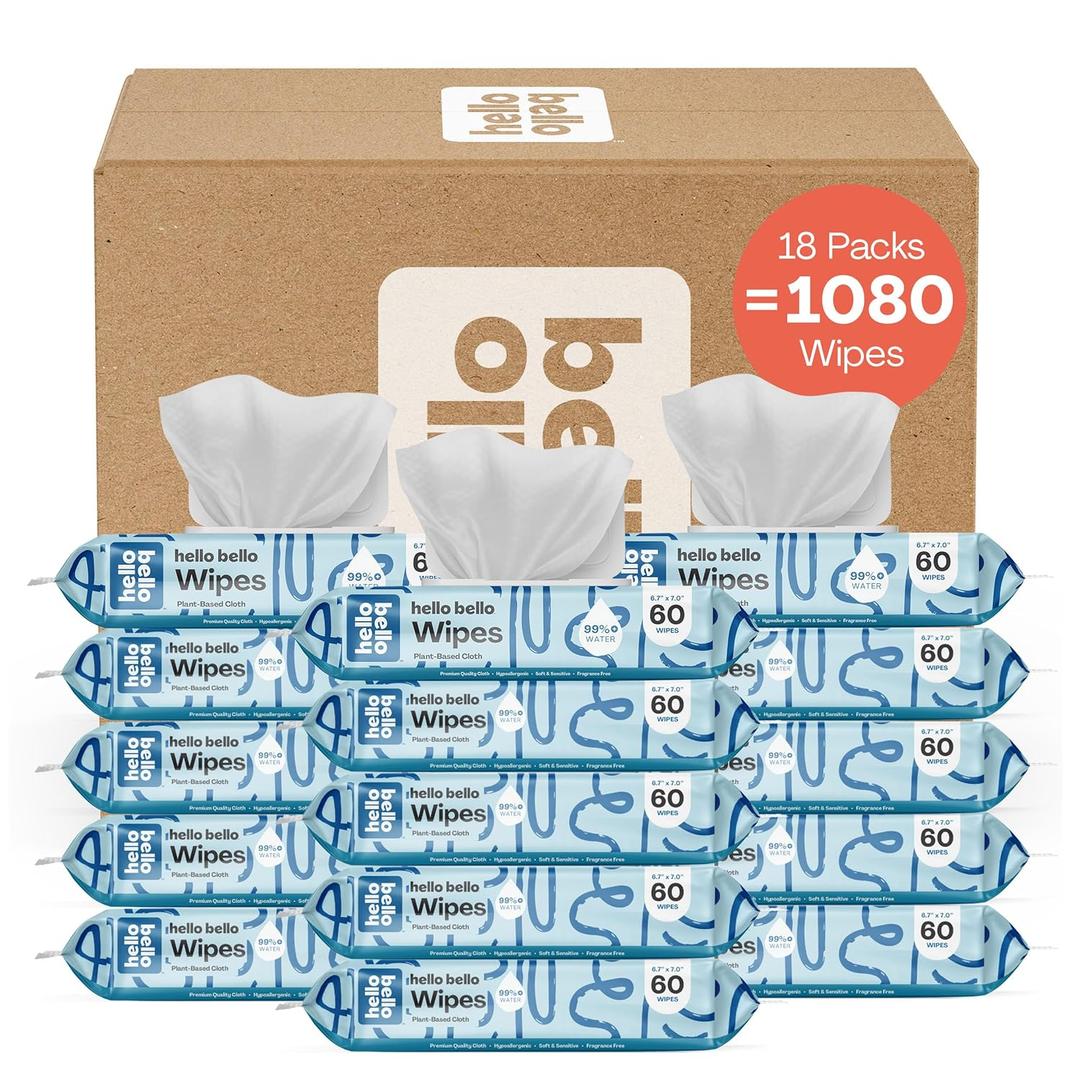 Hello Bello Extra Gentle Unscented Baby Wipes, Plant Based, Made with 99% Water and Aloe for Babies and Kids, 1080 Count (60 Count (Pack of 18))