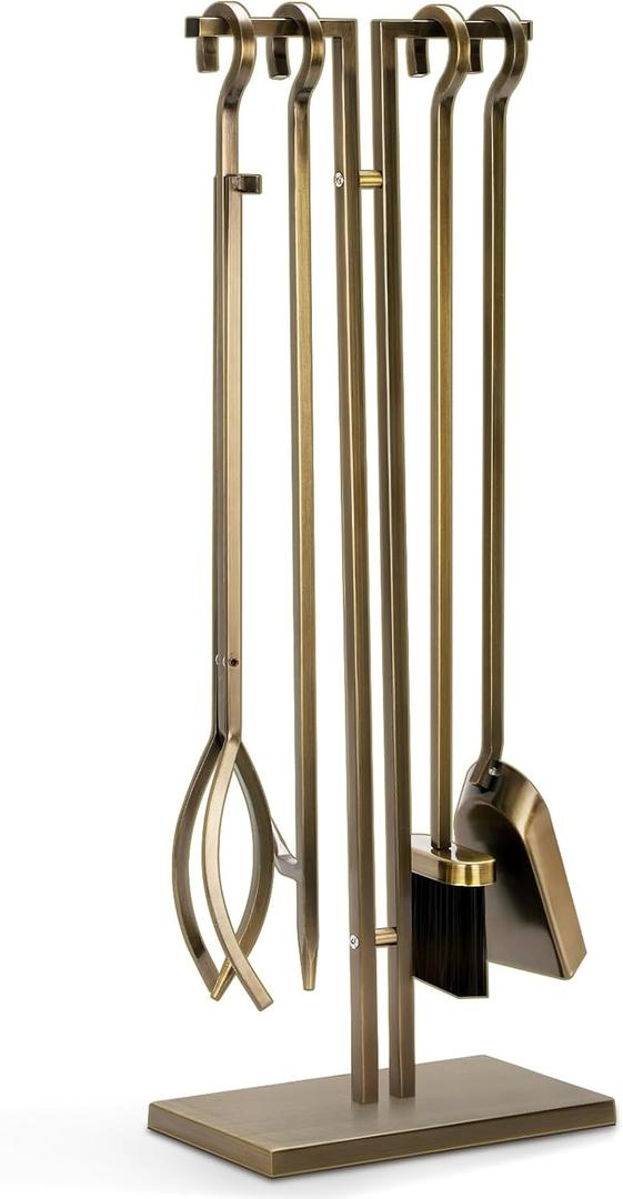 FEED GARDEN 29 Inch Fireplace Tools Set 5 Pieces Wrought Iron Fire Place Set Tools Indoor Outdoor Fireplace Accessories with Poker, Tongs, Shovel, Brush, Base, Antique Bronze