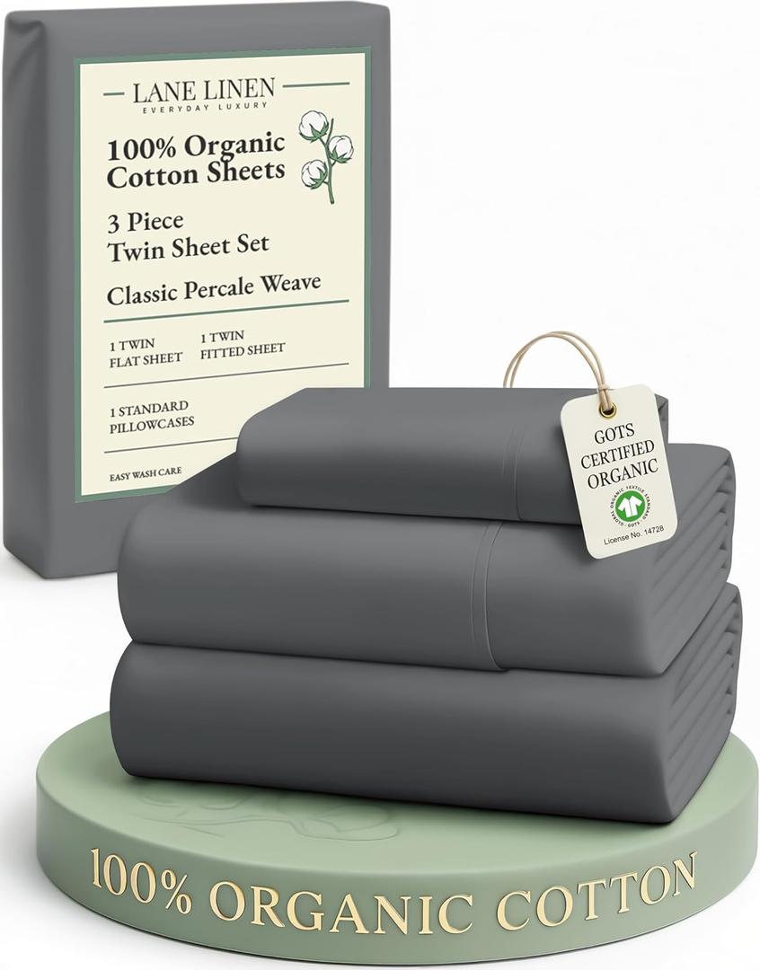 LANE LINEN 100% Organic Cotton 3Pc Bed Sheets Twin Size, Classic Percale Weave, Soft & Comfy Fully Elasticized Naturally Cooling Cotton Sheets, Low Pill Machine wash Twin Sheet Set- Charcoal