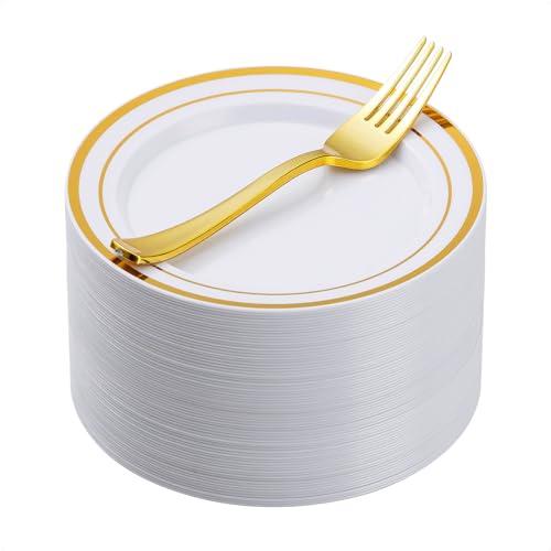 Goodluck 120PCS 7" Gold Dessert Plastic Plates with 7.4" Forks, Gold Appetizer Plates for 60 Guests, Including 60 Disposable Cake Plastic Plates and 60 Forks for Wedding/Birthday/Christmas Party
