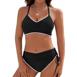 Women's Bikini Sets V Neck High Waisted Swimsuits Shell Stitched Two Piece Swimsuit Tie Side Swimwear (Black, L)