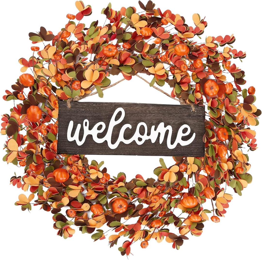 Sggvecsy Fall Wreath 20'' Autumn Front Door Harvest with Small Pumpkin Berry Round Leaves Decorations for Outside Indoor Wall Window Festival Thanksgiving Decor(Orange)