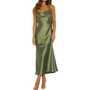 Summer Satin Spaghetti Strap Cowl Neck Backless Midi Dresses for Women Elegant Tie Low Back Ruched Cocktail Dress (X-Small, Olive)