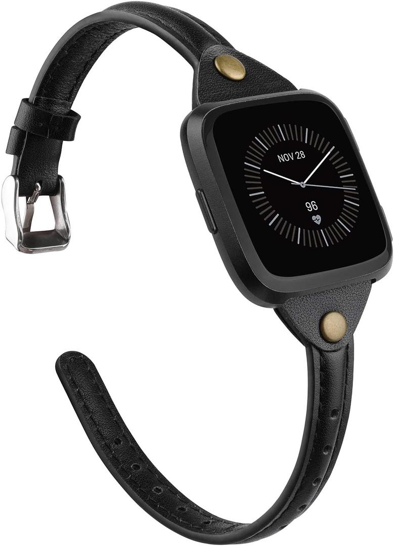 TOYOUTHS Slim Strap Compatible with Fitbit Versa 2/Versa/Lite/Special Edition Bands for Women Men Thin Genuine Leather Replacement Wristbands Handmade Watch Band, Black