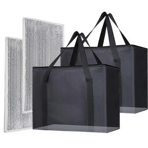 2PK Insulated Grocery Bags Reusable Heavy Duty - Cooler Tote with Reinforced Base for Stability & No Sag - XL Thermal Bag for Hot Cold Food, Delivery, Shopping, Travel, Camping, Grocery Essentials (X-Large with Hard Bottom, Black)