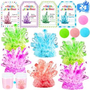 24 Pack Valentines Day Crystal Growing Science Kits for Kids, Classroom Exchange Gifts with Cards, School Valentines Day Activities (Blue)