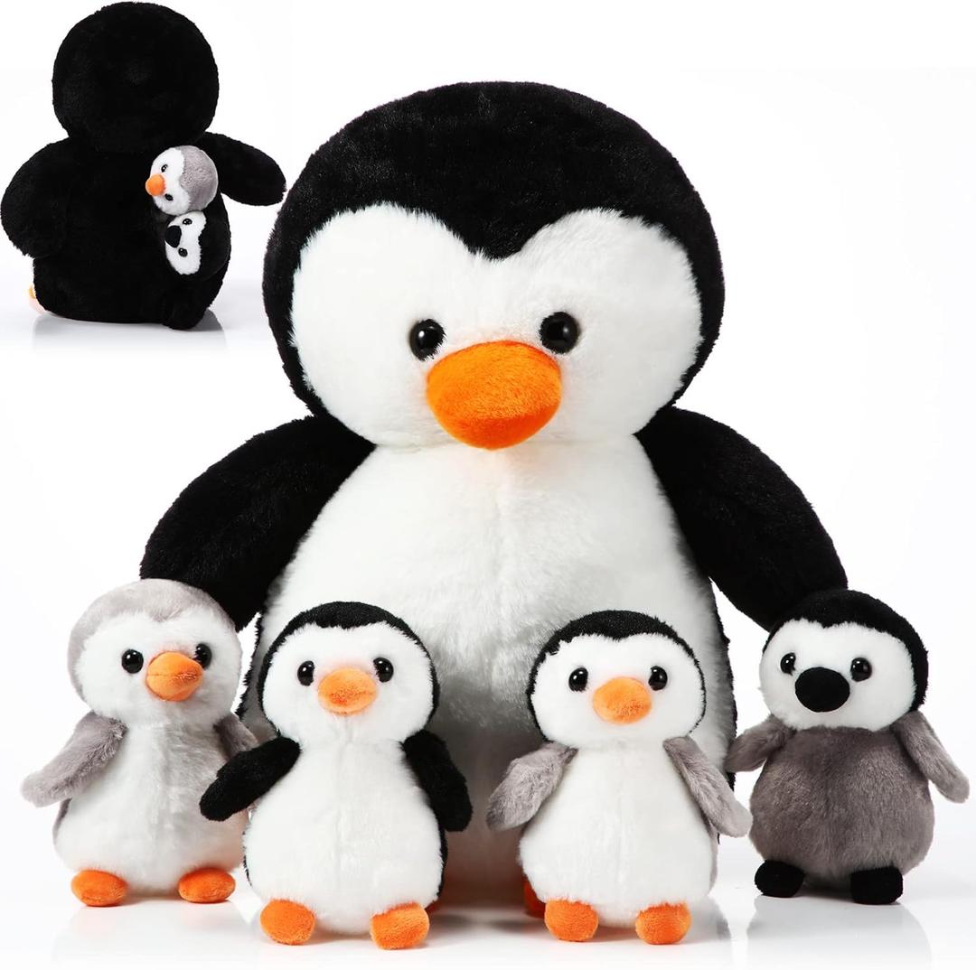 5 Pcs Stuffed Animal Penguin Plush Toy Set 14 Inch Mommy Penguin Stuffed Animal with 4 Cute Babies in Zippered Belly Soft Cuddly Plushie for Kids Gifts(Lovely Style)