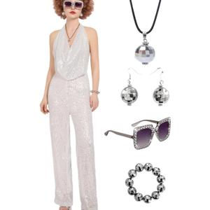 Gold 70s Disco Costume: Women's Sequin Backless Halter Neck Jumpsuit with Disco Ball Accessories (X-Large)