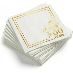 Horaldaily 50 Pack Cheers to 60 Years Cocktail Napkins, 5x5 Inches White and Gold Foil Birthday Decoration Paper Napkins for Party Anniversary Lunch Dinner