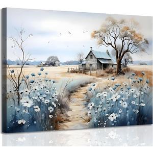 Framed Rustic Farmhouse Canvas Wall Art Beautiful Field Painting Wildflower Barn Print Nature Scenery Picture French Countryside Poster for Bathroom Bedroom Living Room Office Wall Decor 12x16in