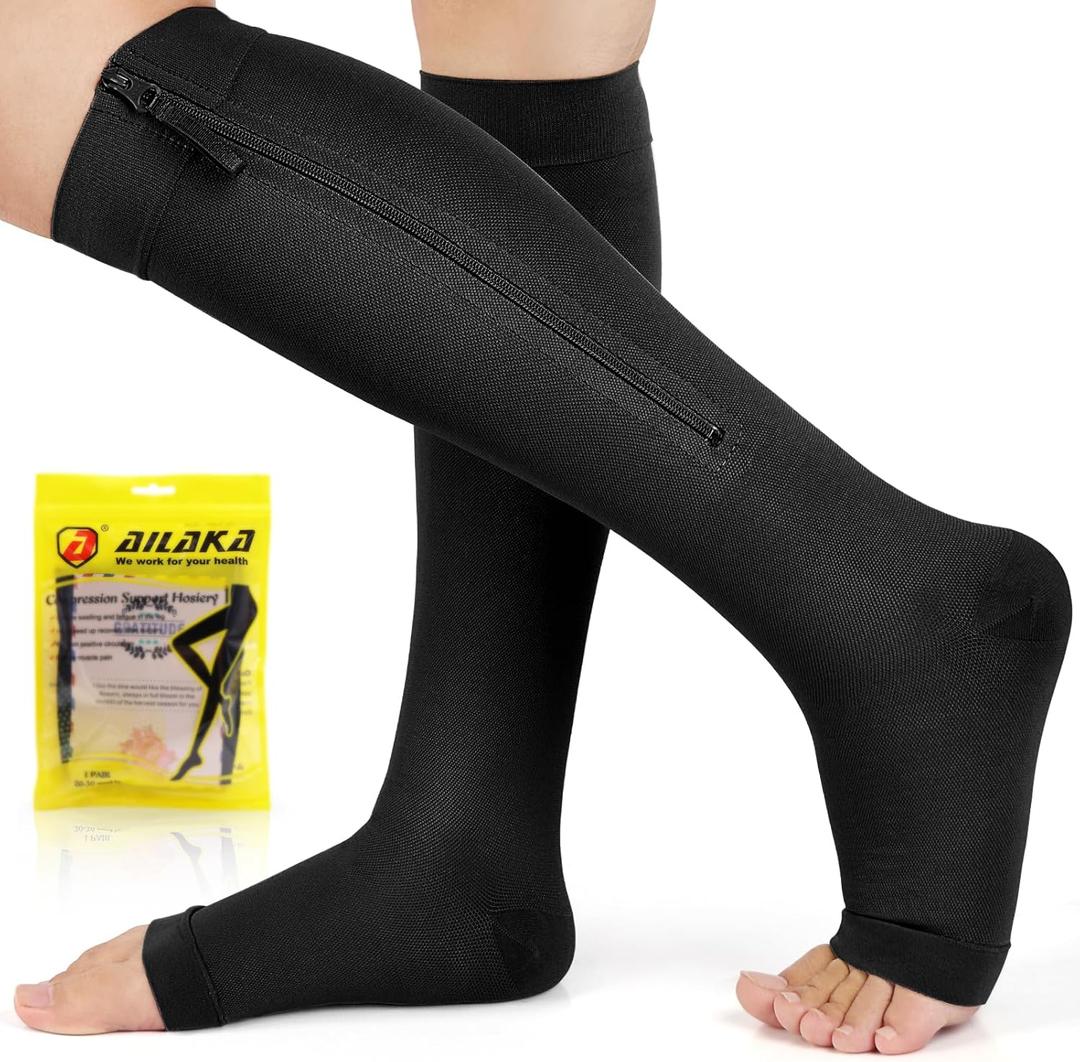 Ailaka Zipper Compression Socks for Women Men, 20-30 mmHg Open Toe Compression Socks Knee High, Ted Hose Compression Stockings for Edema, Varicose Veins (2X-Large (1 Pair), Black)
