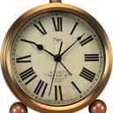 Golden Table Clock, Retro Vintage Non-Ticking Table Desk Alarm Clock Battery Operated Silent Quartz Movement HD Glass for Bedroom Living Room Indoor Decoration Kids (Roman)