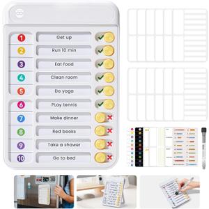 Magnetic Chore Chart for Kids, ADHD Tools for Kids to Do List Checklist Task Board Routine Chart Visual Schedule for Fridge with 10 Sliders and Magnetic Marker - White
