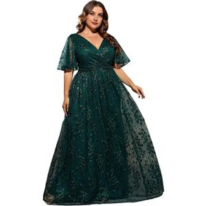 Plus Size Women's V Neck Ruffles Flutter Sleeve Embroidered Lace A Line Maxi Dress for Wedding Party Evening (1XL)