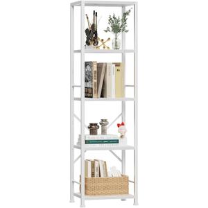 Furologee White Bookshelf 5 Tier Bookcase, Tall Narrow Bookshelves, Modern Freestanding Shelf Units, Metal and Wood Display Storage Corner Shelves Organizer for Bedroom, Living Room, Office, Bathroom
