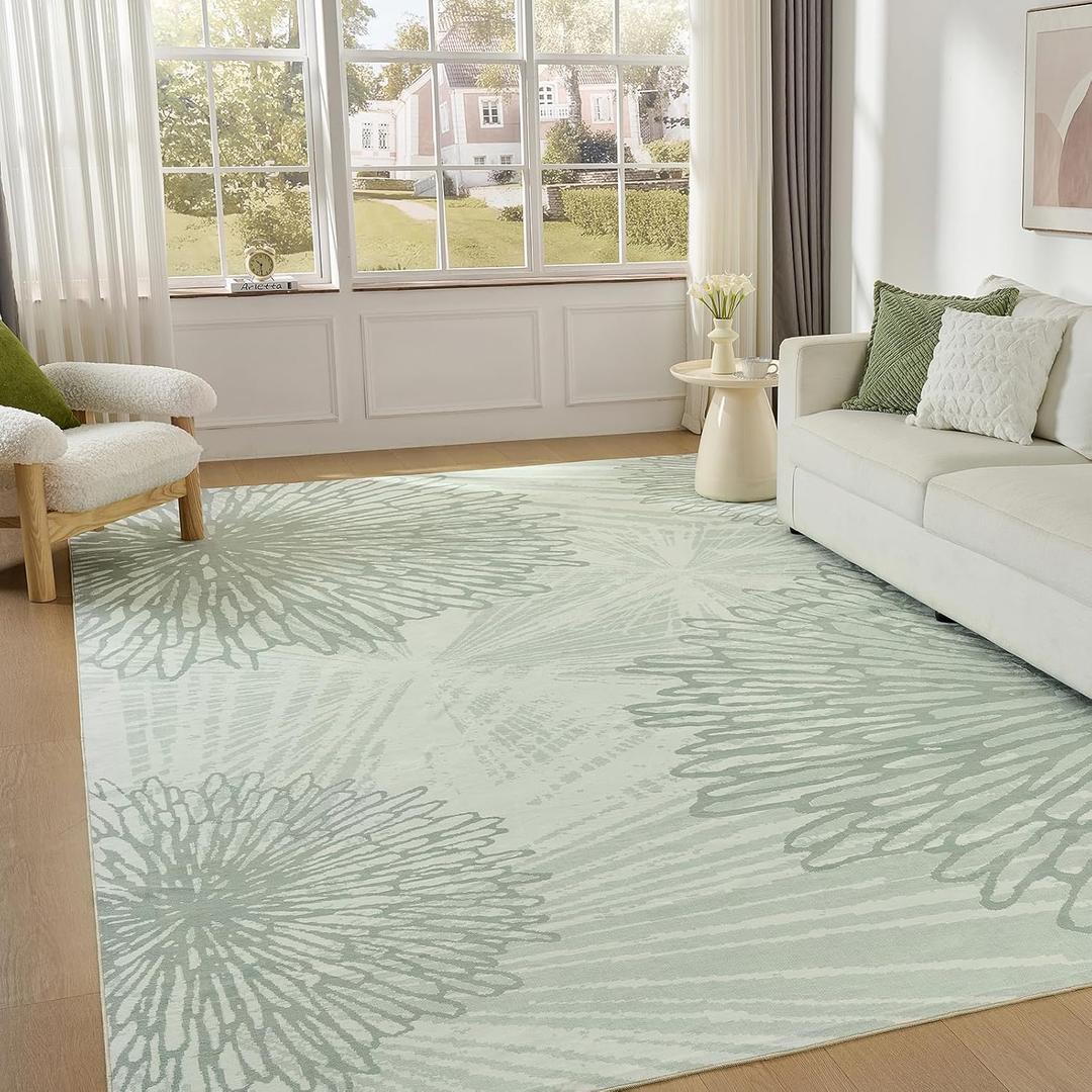 Green Rug Living Room Rugs: 12x15 Washable Large Neutral Soft Stain Resistant Non Slip Indoor Floor Carpet for Bedroom Nursery Kids Playroom Office Dining Room Home Decor Modern Floral Pattern