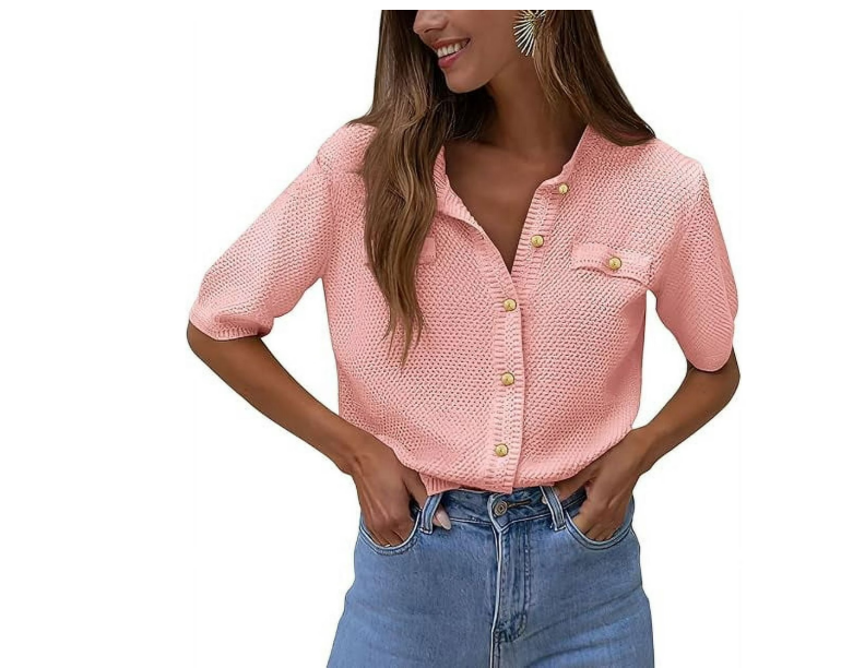 Women's Summer Button Down Shirts Casual Short Sleeve Crew Neck Ribbed Knit Blouse Top Cardigans, Size Large, Pink