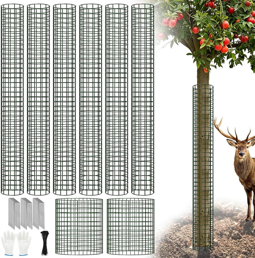 48 Inch Tree Trunk Protector, 8 Pcs Metal Mesh Tree Guards Trunk Protector with Glove, Metal Stakes and Zip Ties, Expandable Plant Bark Protection from Deer Animals Mowers Trimmers