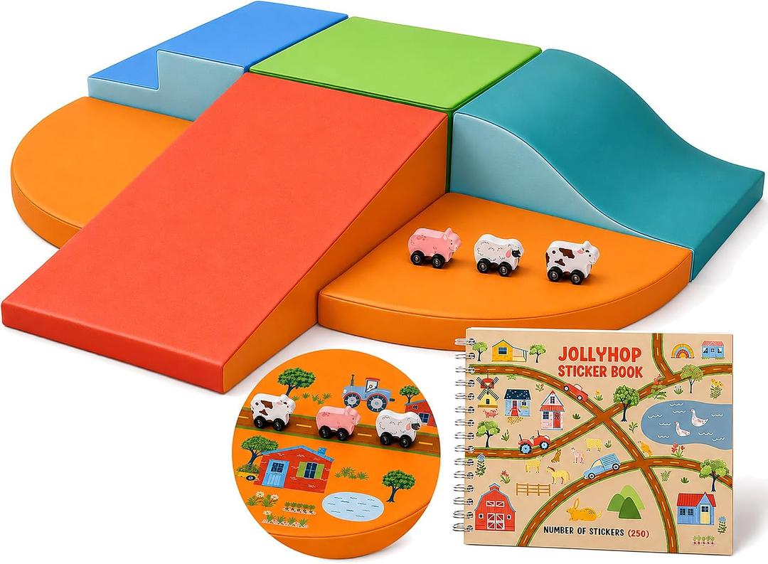 6-Piece Foam Climbing Blocks for Toddlers with Wooden Cars & Sticker Book, Glow in the Dark Race Track Soft Play Set, Indoor Kids Climbing Toys, CertiPUR-US® Foam, PU Leather