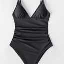 CUPSHE Women's One Piece Swimsuit Tummy Control V Neck Bathing Suits (Black, L)