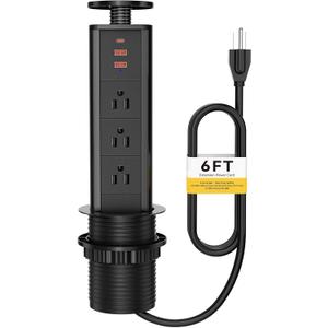 Kungfuking Pop Up Outlet for Countertop, Socket with 3 AC Outlets & 2 USB-A 1 PD 20W USB-C Ports, Pull Power Kitchen Conference Office, 3-3/8 Inch(85MM) Hole Grommet Strip, Dark Black