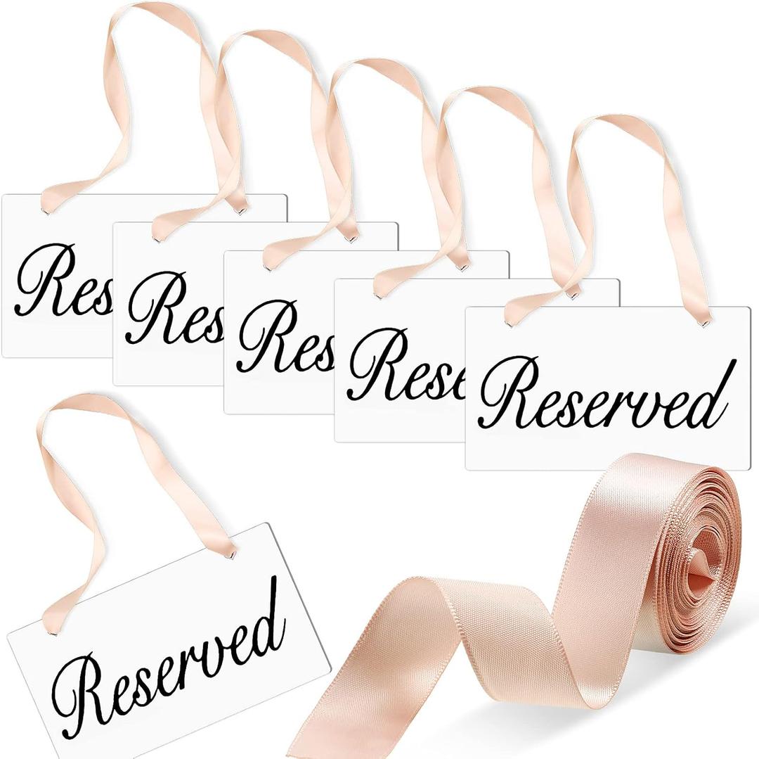 Blulu 6 Pieces Reserved Signs for Wedding Wood Chair Reserved White Hanging Seating Signs Wedding Chair Handmade Signage with 1 Roll Light Coffee Color Ribbon