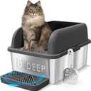 Suzzipaws 8" Deep Stainless Steel Litter Box with Lid Extra Large Cat Litter Box for Big Cats XL Metal Litter Pan Tray with High Wall Sides Enclosure, Non-Sticky, Anti-Leakage (Charcoal Gray)