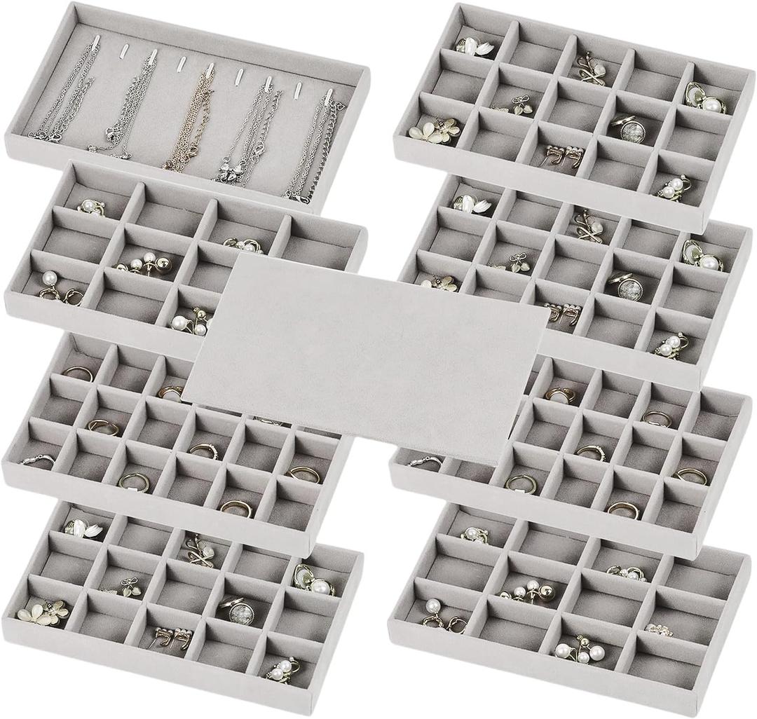 Set of 8 Stackable Jewelry Organizer Trays with 1 Lid for Drawer & Dresser Organizer, Adjustable Velvet Jewelry Box Tray Earring Organizer Necklace Storage Ring Bracelet Display Case (Gray)