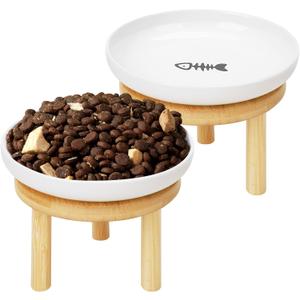 Shallow Elevated Cat Bowls with Bamboo Stand, 5.9 Inch Wide Ceramic Cat Dish Whisker Friendly, 2 Pack Pet Food and Water Plates