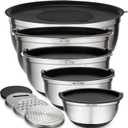 Belwares Mixing Bowls with Lids Set of 5 - Stainless Steel Mixing Bowl Set, Kitchen Nesting Metal Bowls with Non Slip Bottoms + 3 Grater Attachments, Airtight Lids, Food Prep + Storage, Matte Black