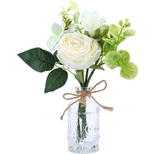 AFRITEE Faux White Silk Flower Arrangements - Centerpiece Table White Rose Flower Bouquet in Small Vase Set for Home Indoor Dining Room Wedding Centerpieces Coffee Table Decor