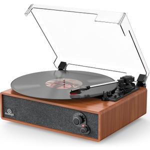 Record Player Builtin Stereo Speakers Vintage Turntable for Vinyl Records LP Phonograph Auto Stop Tone Adjustment Belt Drive 3 Speed 3 Size Support Wireless Input RCA Output Retro Wooden Walnut