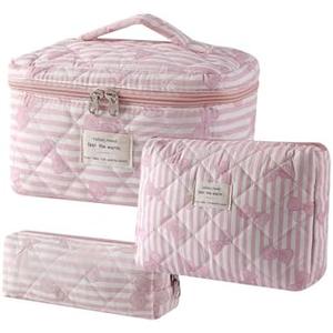 Uekeboag Quilted Cotton Makeup Bag, Coquette Quilted Toiletry Bag for Women and Girls, Floral Coquette Pouch, Cute Kawaii Travel Cosmetic Bags(Pink Bow)