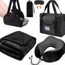 Travel Pillow and Blanket Set & Foot Rest, Memory Foam Neck Pillow Airplane Blanket & Airplane Foot Hammock & Foldable Duffel Bag, Eye Mask & Earplugs, Portable Travel Accessories Essentials, Black